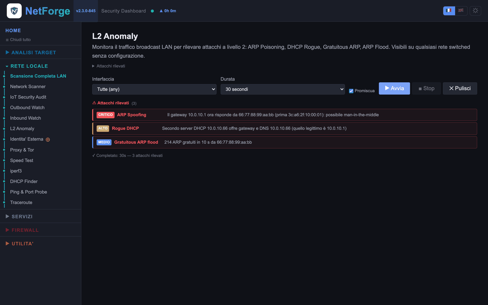 L2 Anomaly con un attacco ARP spoofing simulato