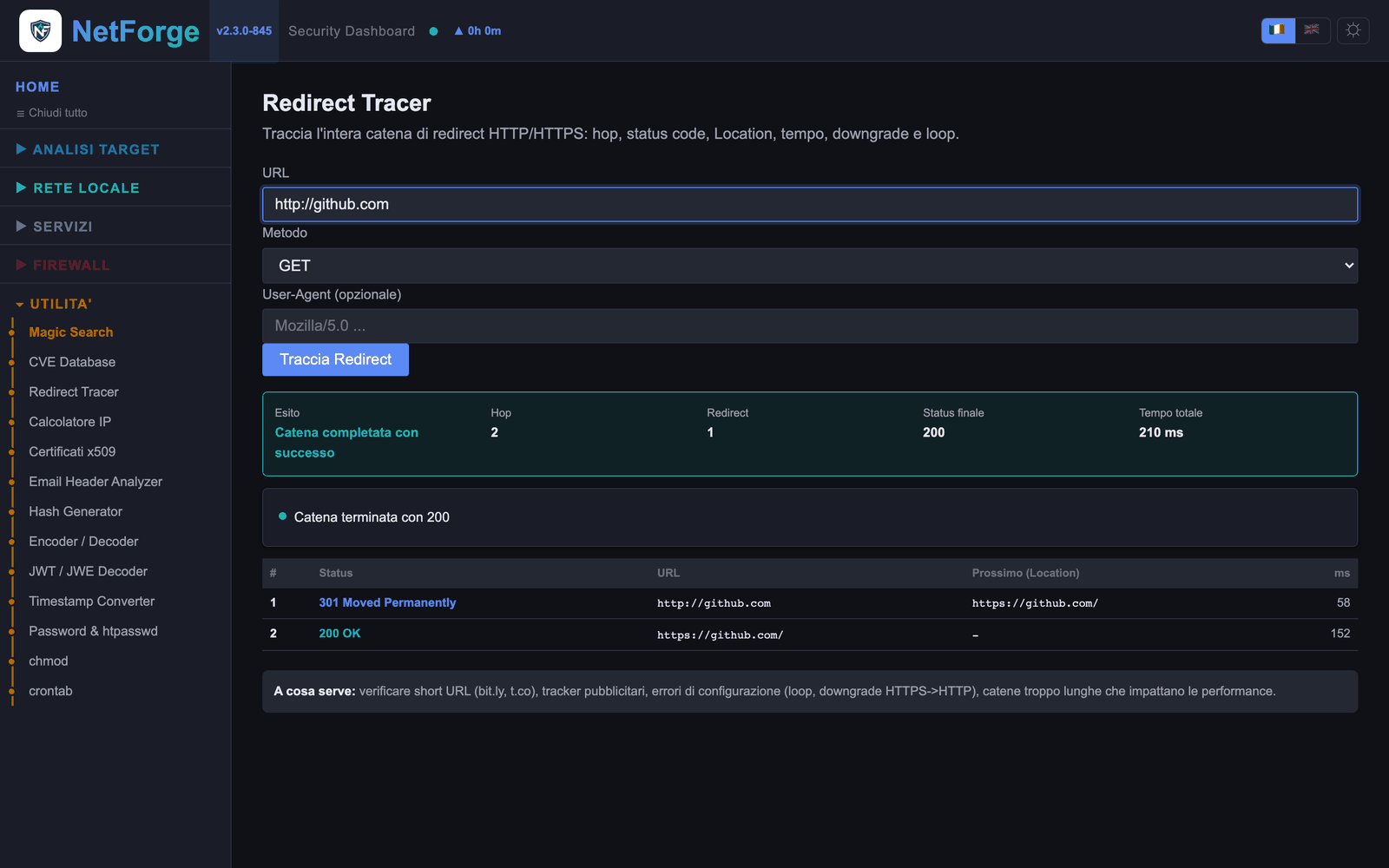 Redirect Tracer su http://github.com